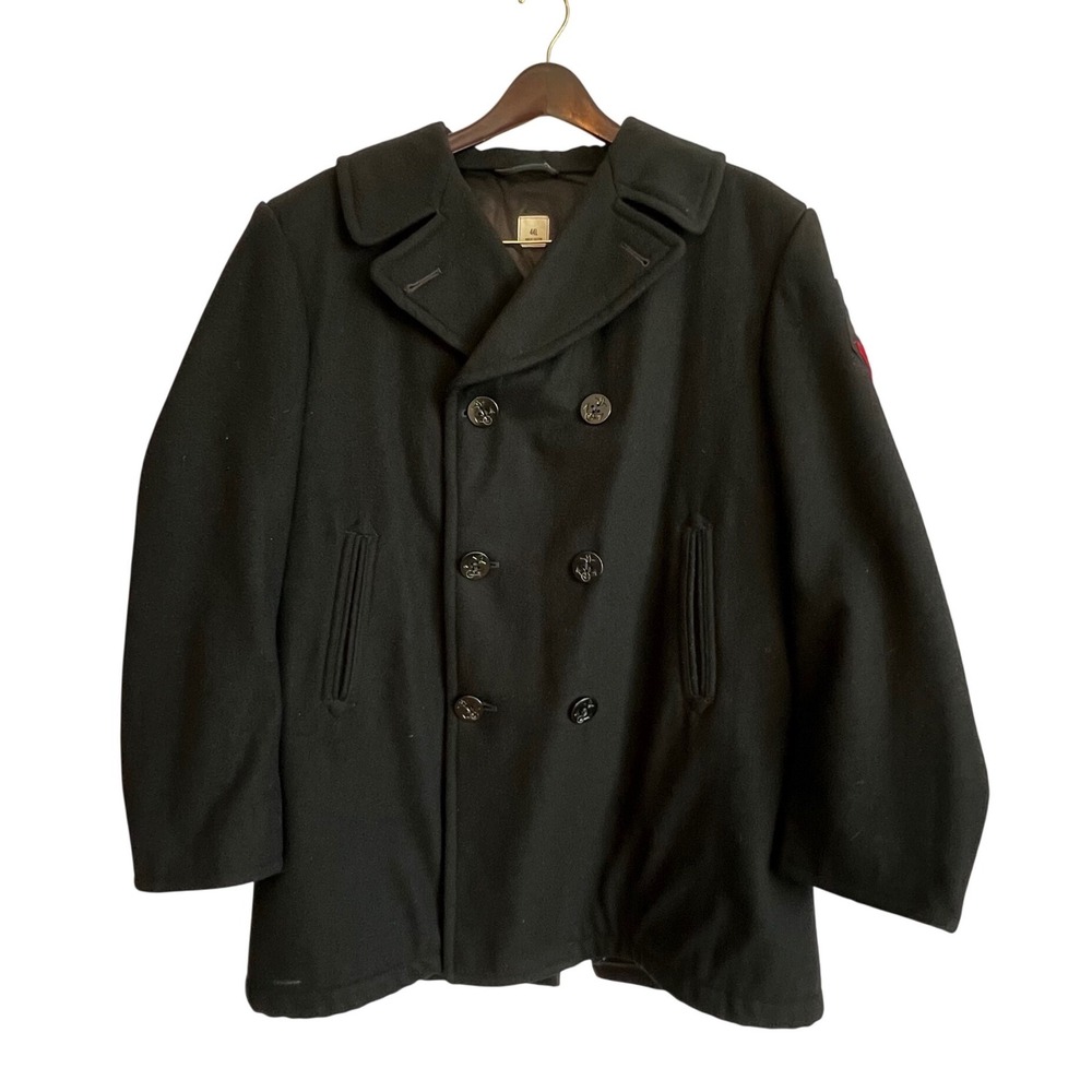 US Navy Wool Pea Coat Black Double Breasted‎ Anchor Buttons Men 44L Patch